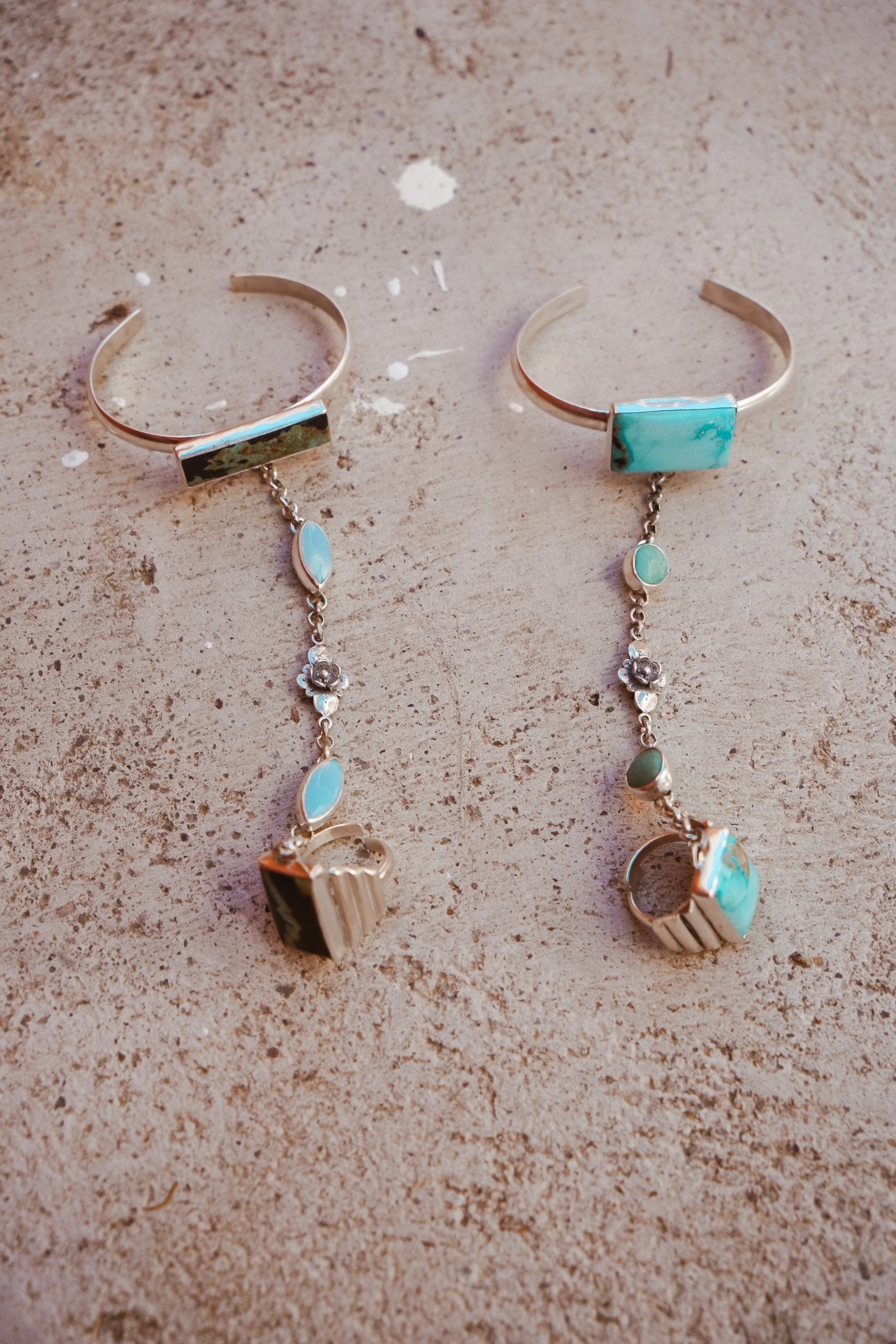 Ventana Handchain in Blackjack Turquoise + Sterling Opal (Adjustable Ring Size) - Golden Road Crafted
