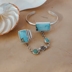 Ventana Handchain in Kingman + Hubei Turquoise (Adjustable Ring Size) - Golden Road Crafted