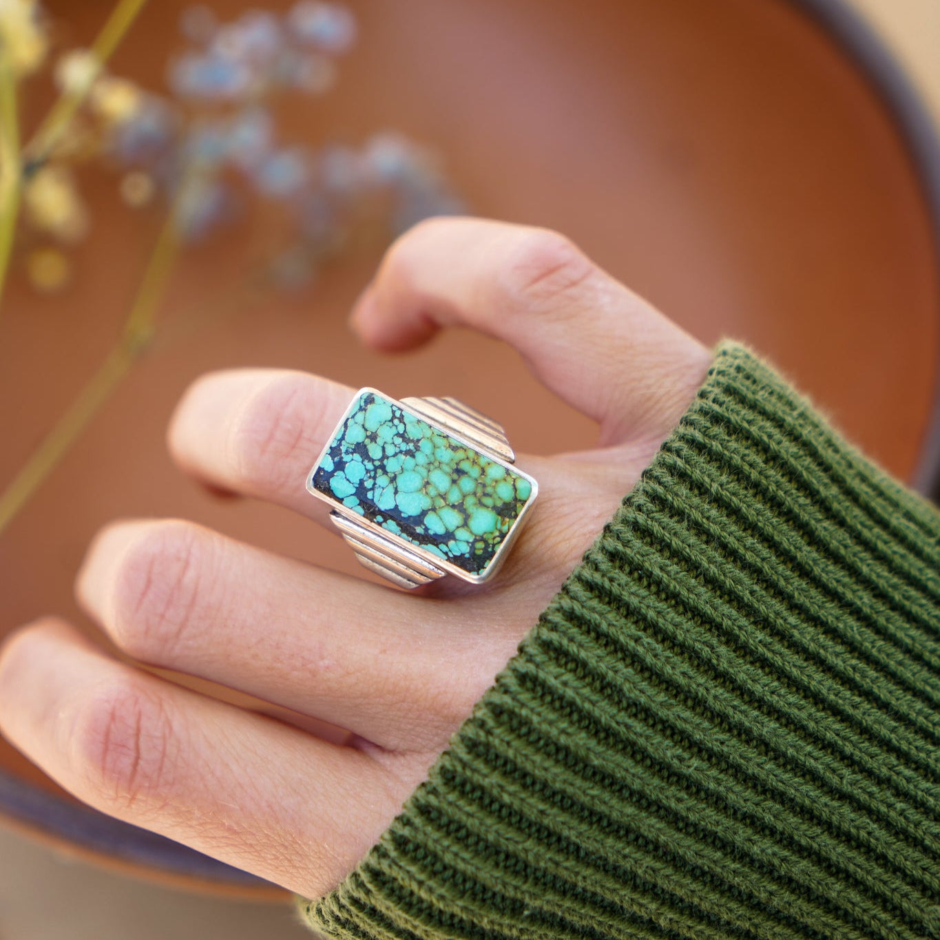 Ventana Ring in Hubei Turquoise (Size 6.5) - Golden Road Crafted