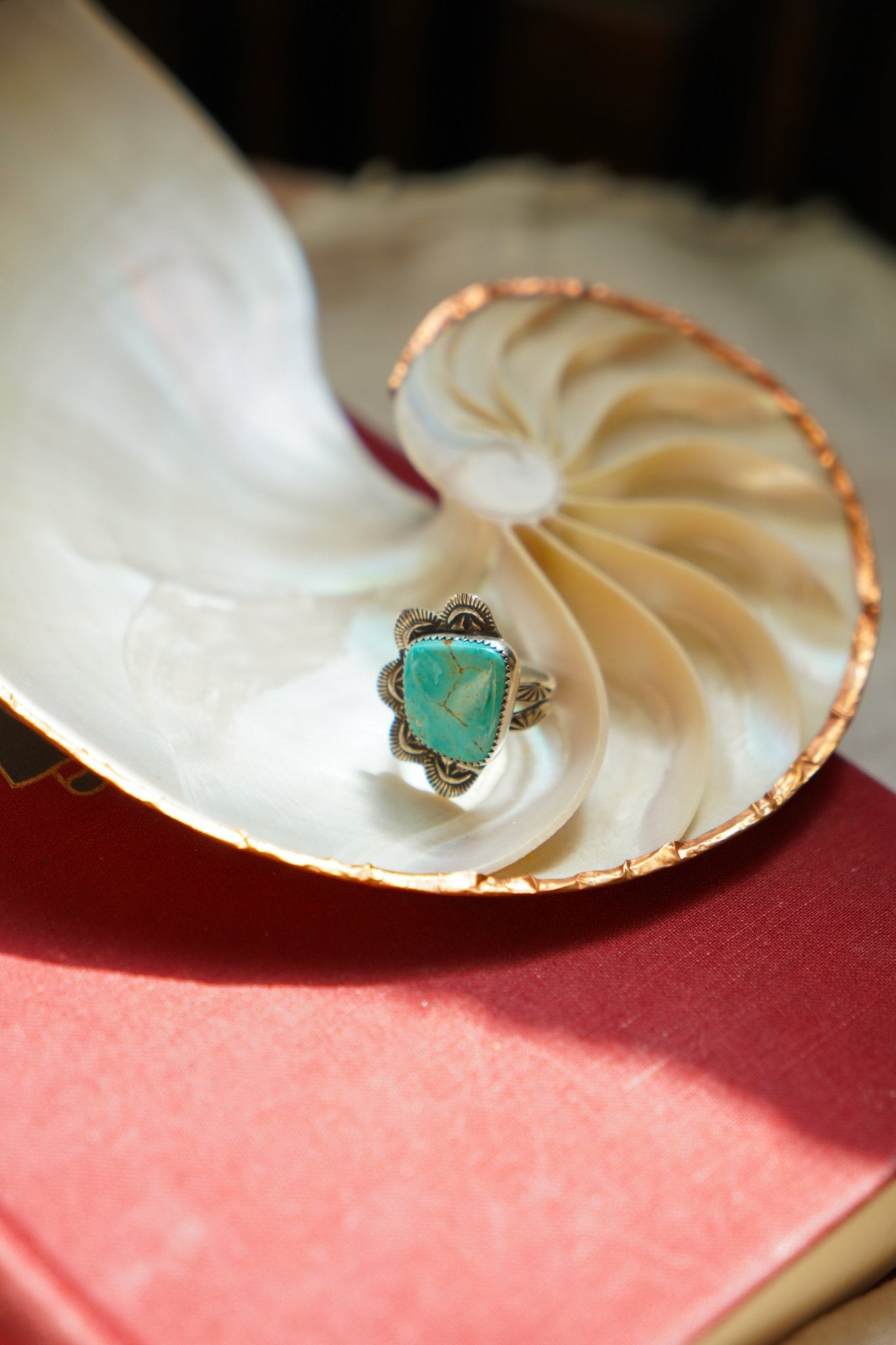 Wavy Lace Ring in Tyrone Turquoise (Size 7) - Golden Road Crafted