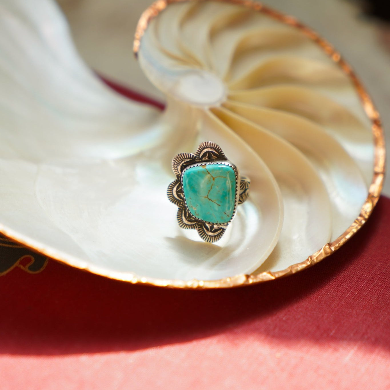 Wavy Lace Ring in Tyrone Turquoise (Size 7) - Golden Road Crafted