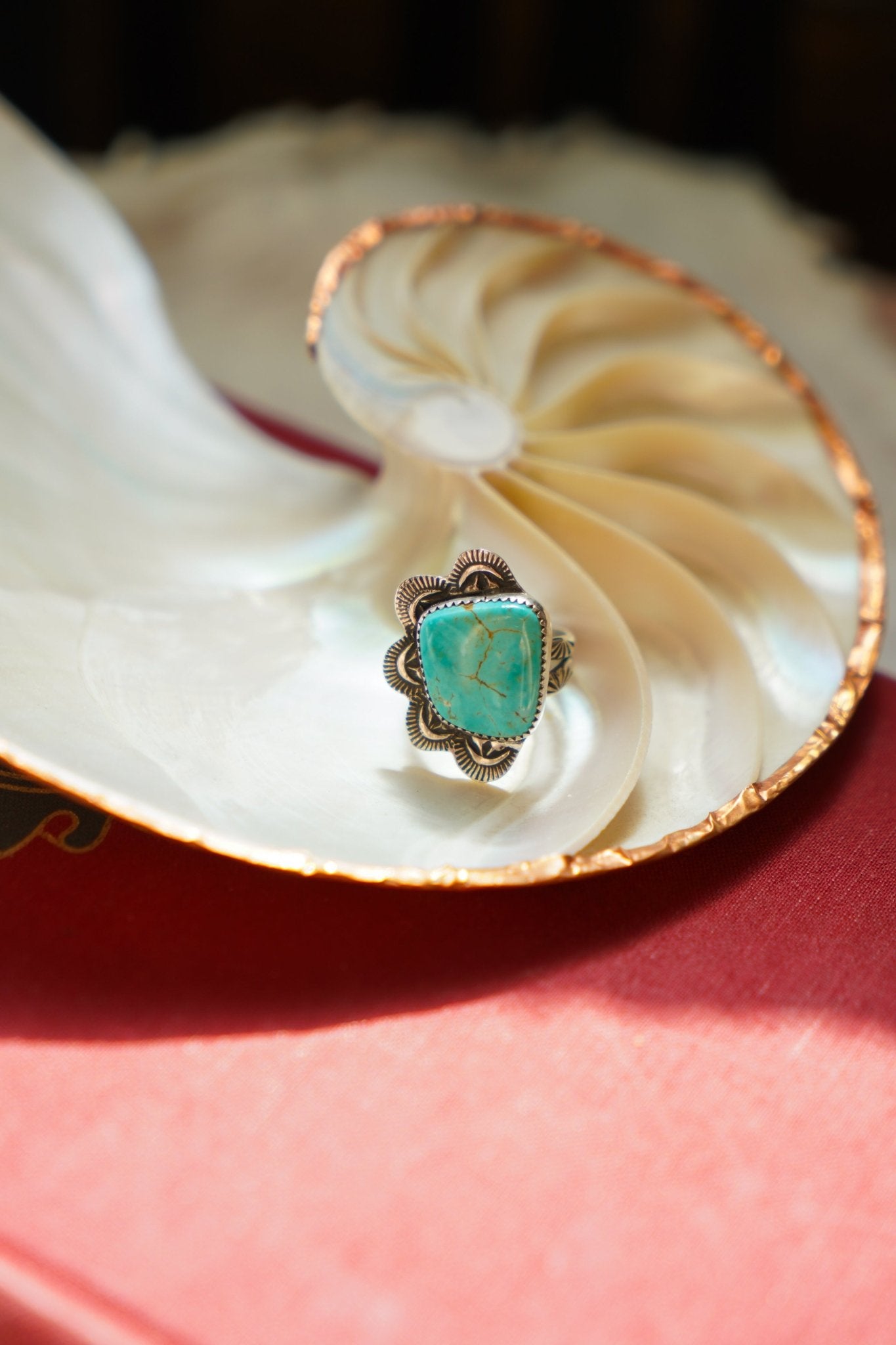 Wavy Lace Ring in Tyrone Turquoise (Size 7) - Golden Road Crafted
