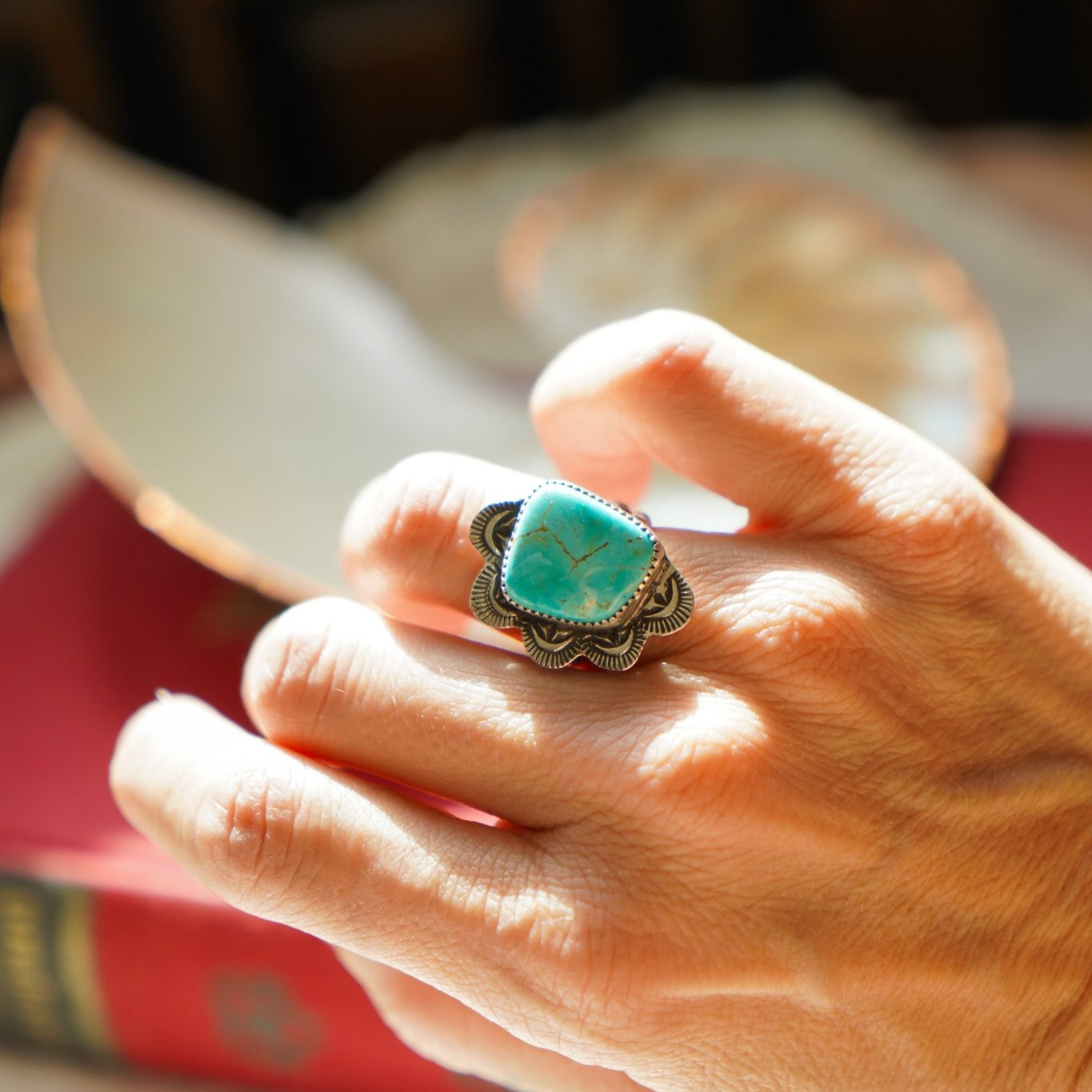Wavy Lace Ring in Tyrone Turquoise (Size 7) - Golden Road Crafted