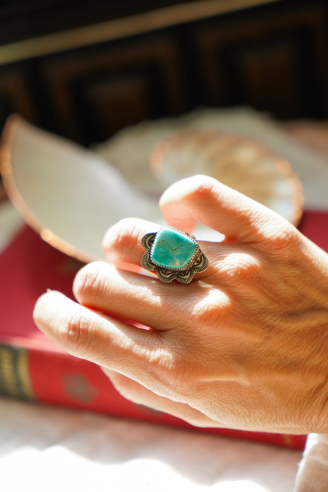 Wavy Lace Ring in Tyrone Turquoise (Size 7) - Golden Road Crafted