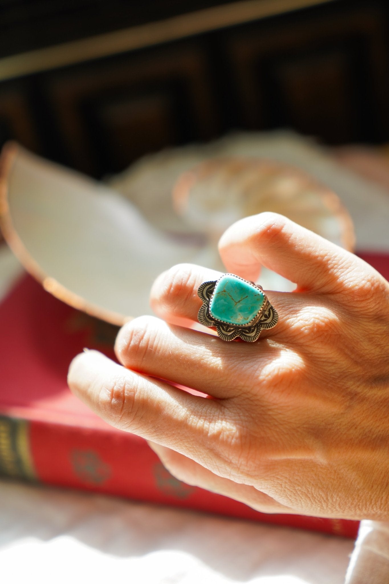Wavy Lace Ring in Tyrone Turquoise (Size 7) - Golden Road Crafted
