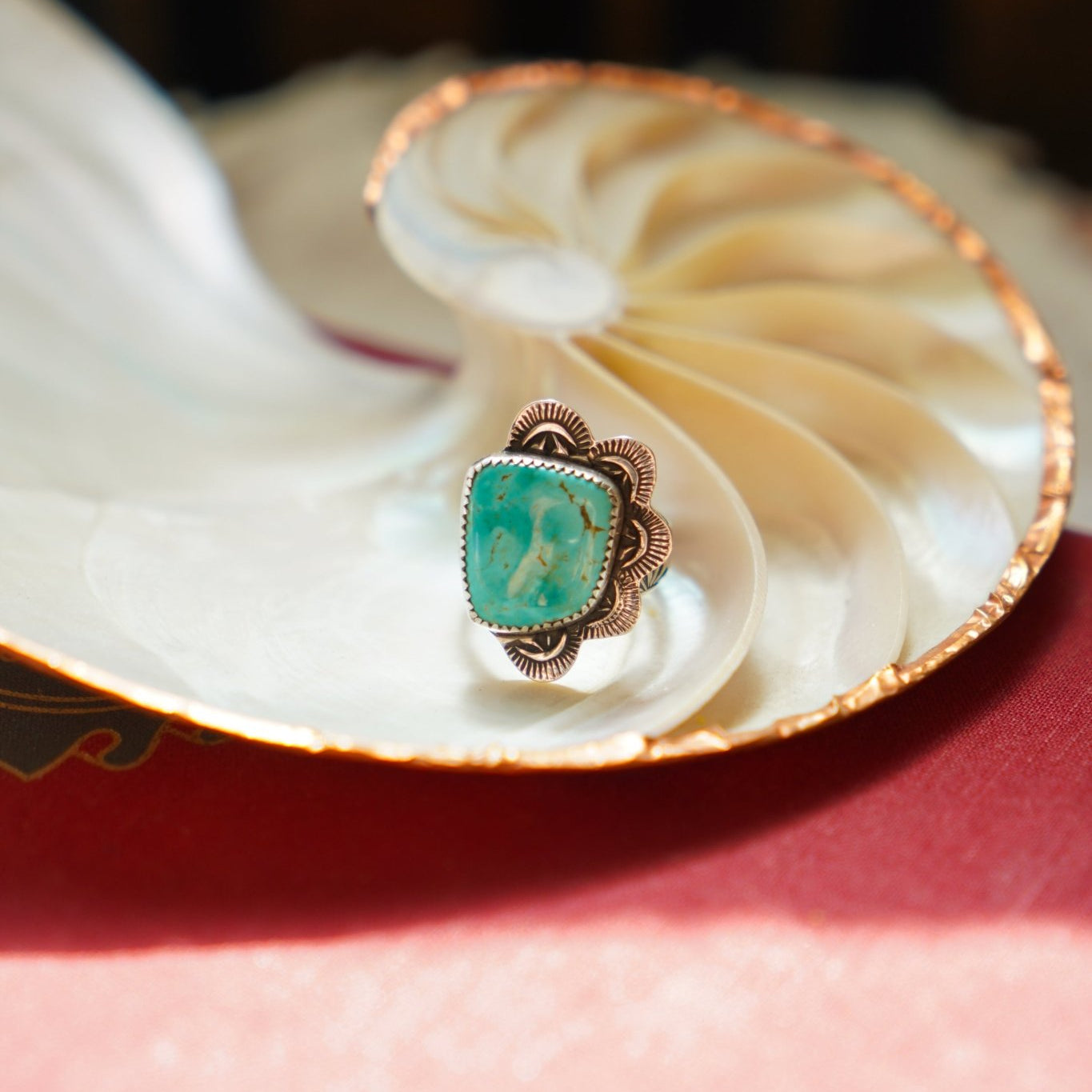Wavy Lace Ring in Tyrone Turquoise (Size 8.25) - Golden Road Crafted