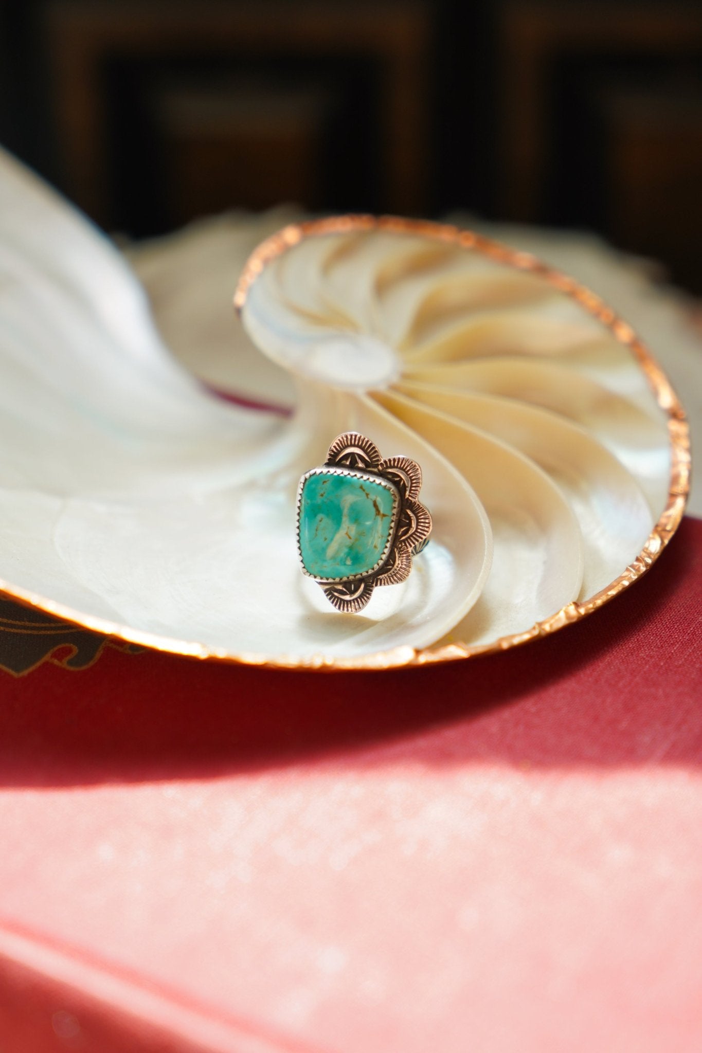 Wavy Lace Ring in Tyrone Turquoise (Size 8.25) - Golden Road Crafted