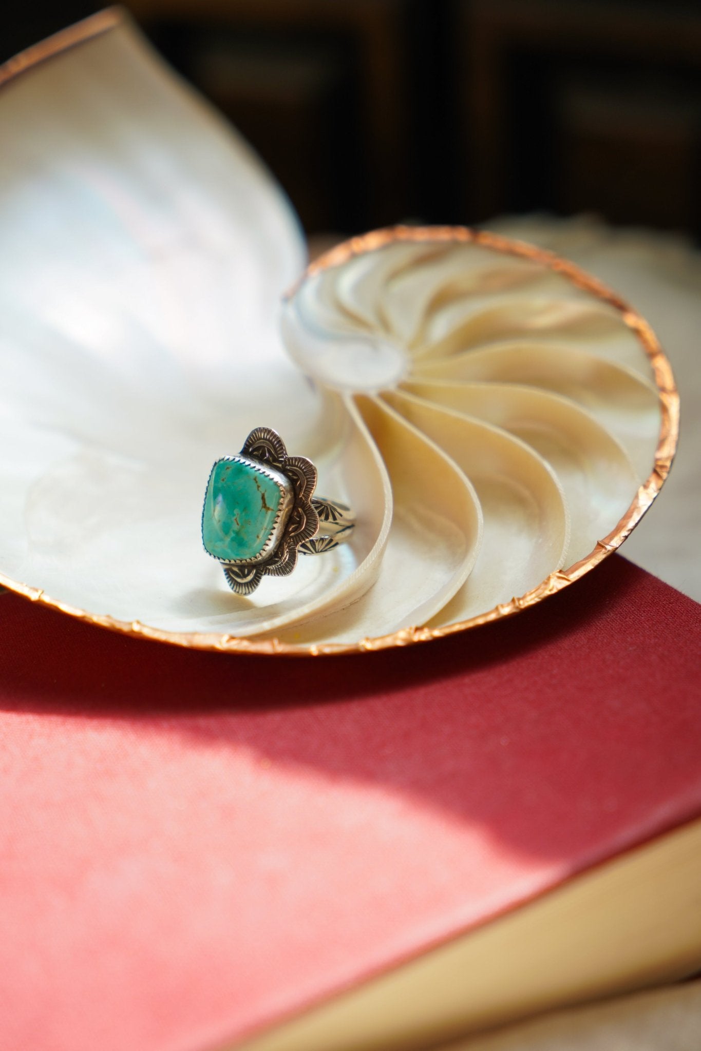 Wavy Lace Ring in Tyrone Turquoise (Size 8.25) - Golden Road Crafted