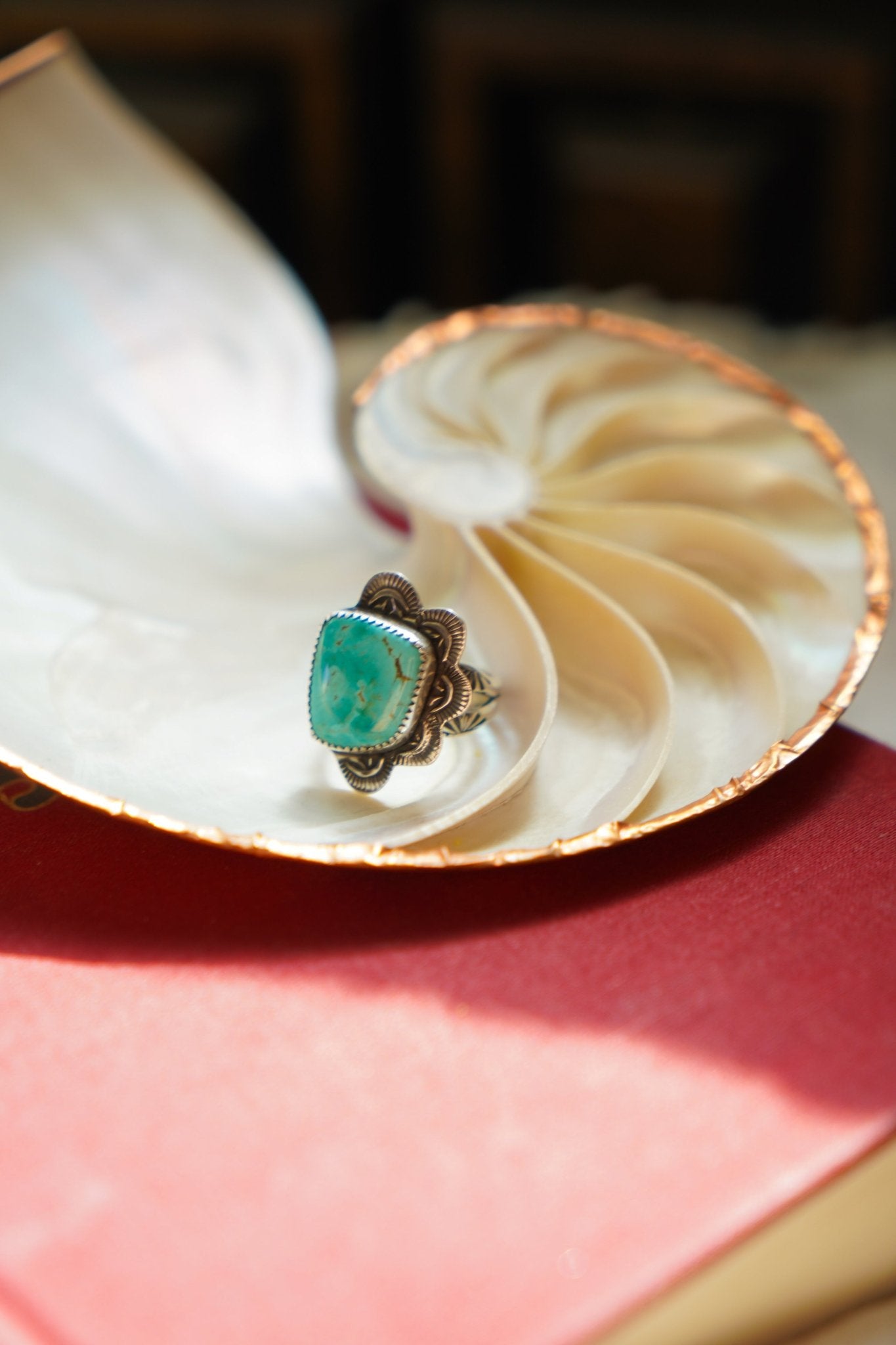Wavy Lace Ring in Tyrone Turquoise (Size 8.25) - Golden Road Crafted
