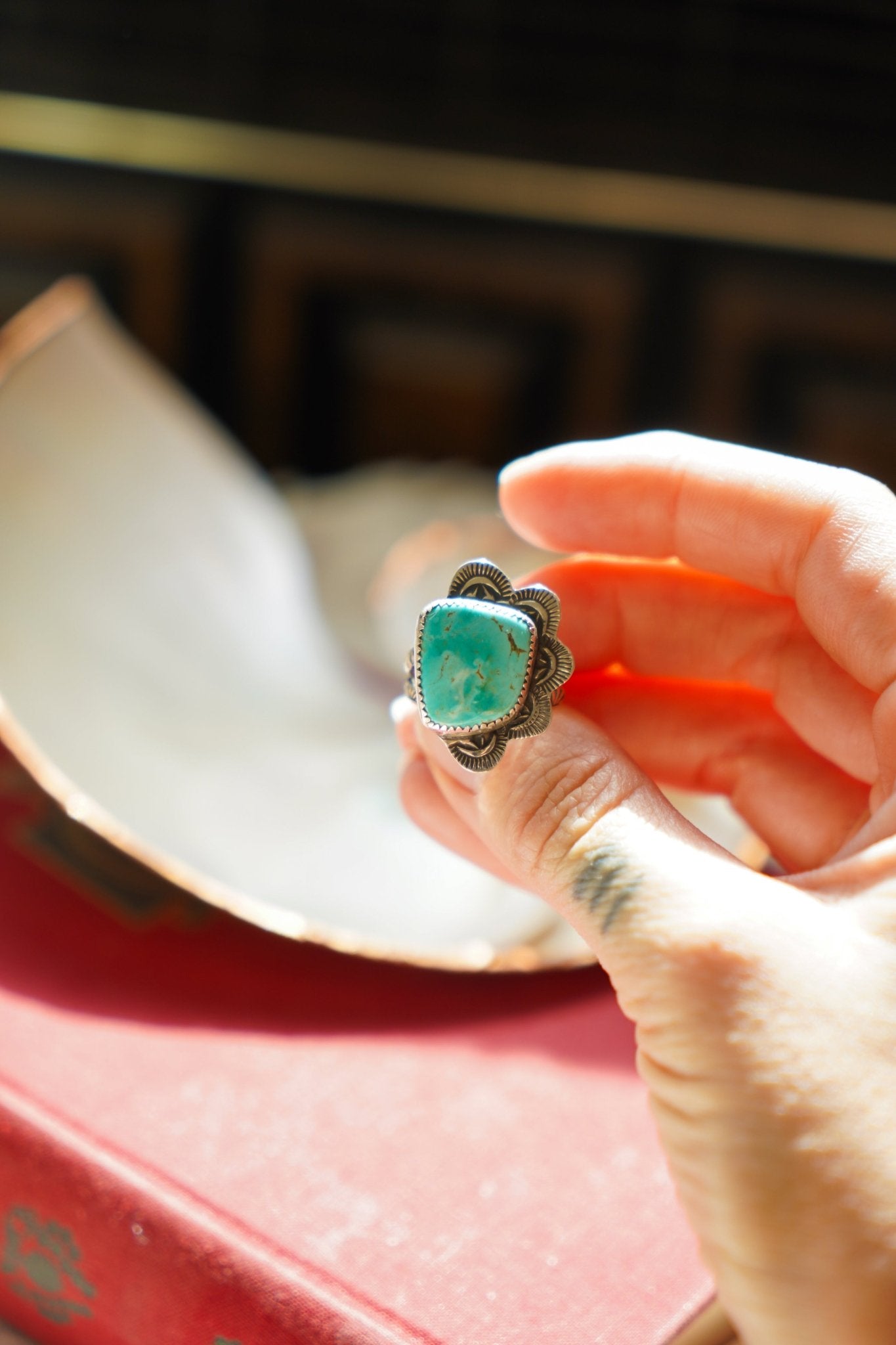 Wavy Lace Ring in Tyrone Turquoise (Size 8.25) - Golden Road Crafted