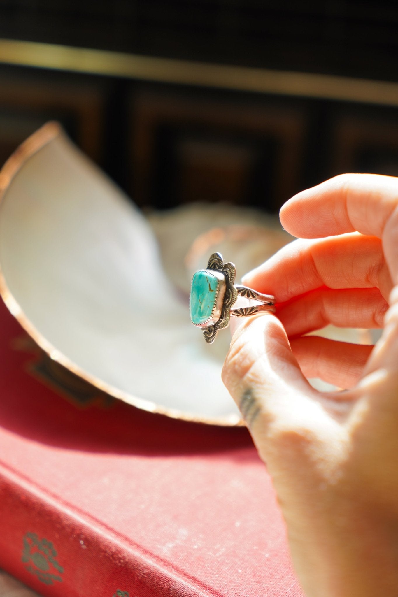 Wavy Lace Ring in Tyrone Turquoise (Size 8.25) - Golden Road Crafted