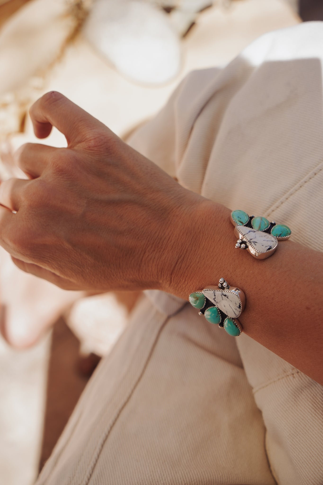 White Buffalo & Hubei Turquoise Cuff - Golden Road Crafted
