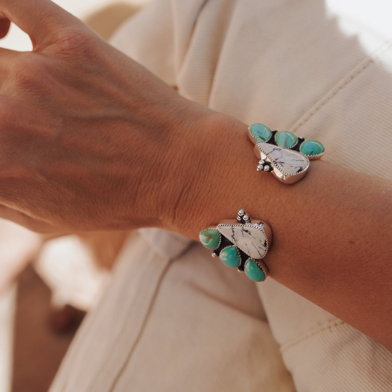 White Buffalo & Hubei Turquoise Cuff - Golden Road Crafted