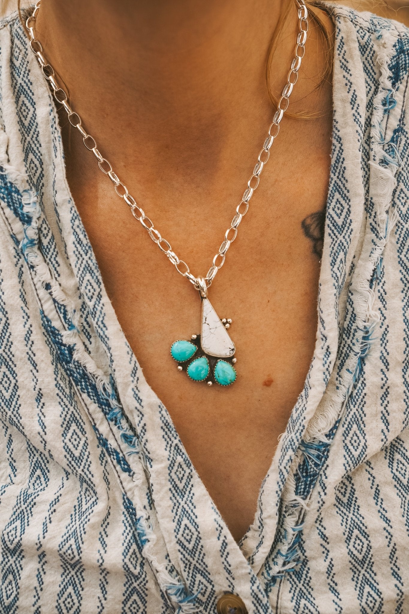 White Buffalo & Hubei Turquoise Pendant - Golden Road Crafted