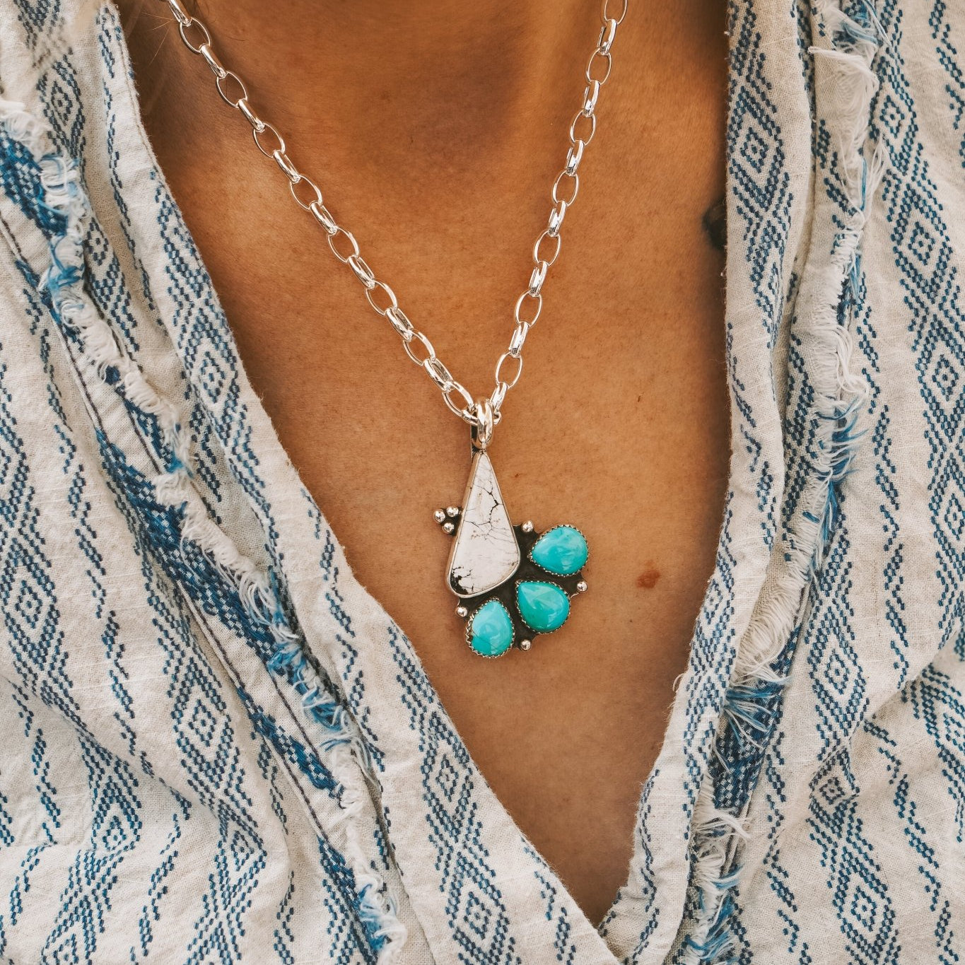 White Buffalo & Hubei Turquoise Pendant - Golden Road Crafted