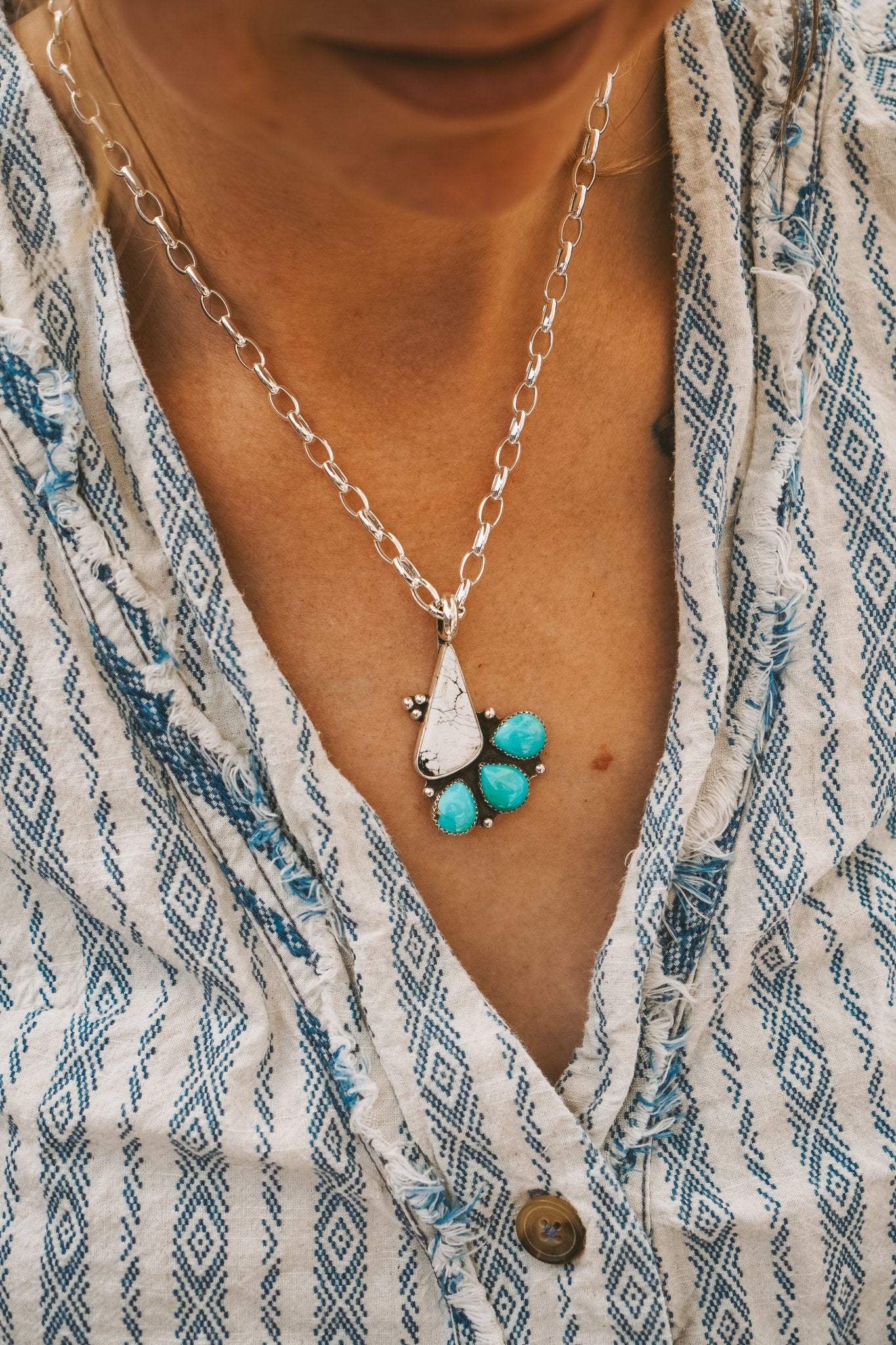 White Buffalo & Hubei Turquoise Pendant - Golden Road Crafted