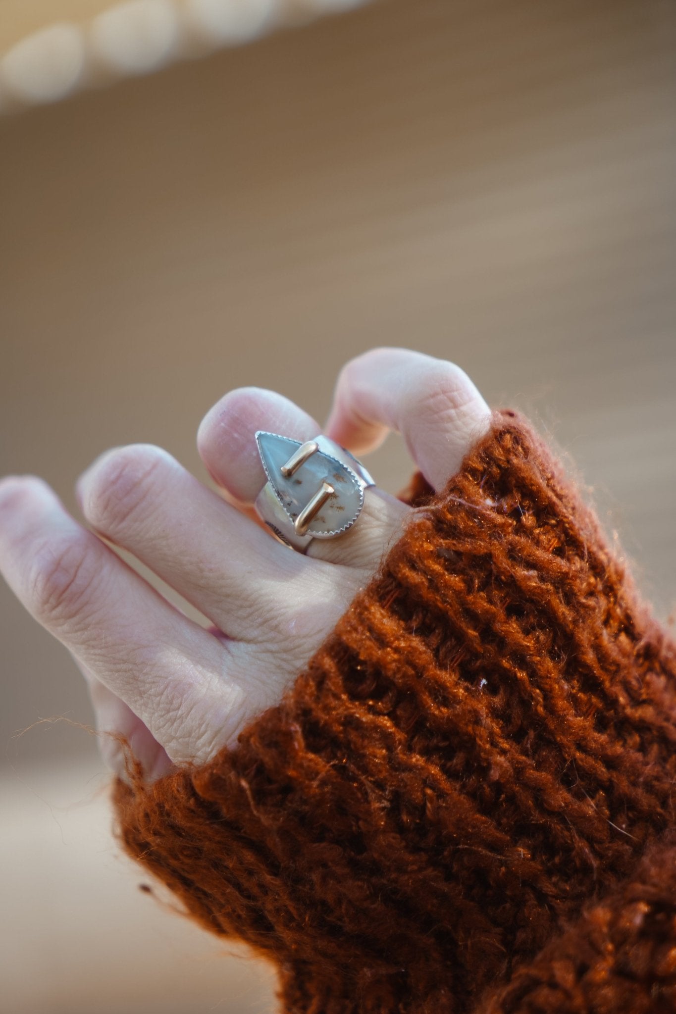 Wide - band Traveler Ring in Scenic Agate with Gold - Fill Prongs (Size 6.25) - Golden Road Crafted