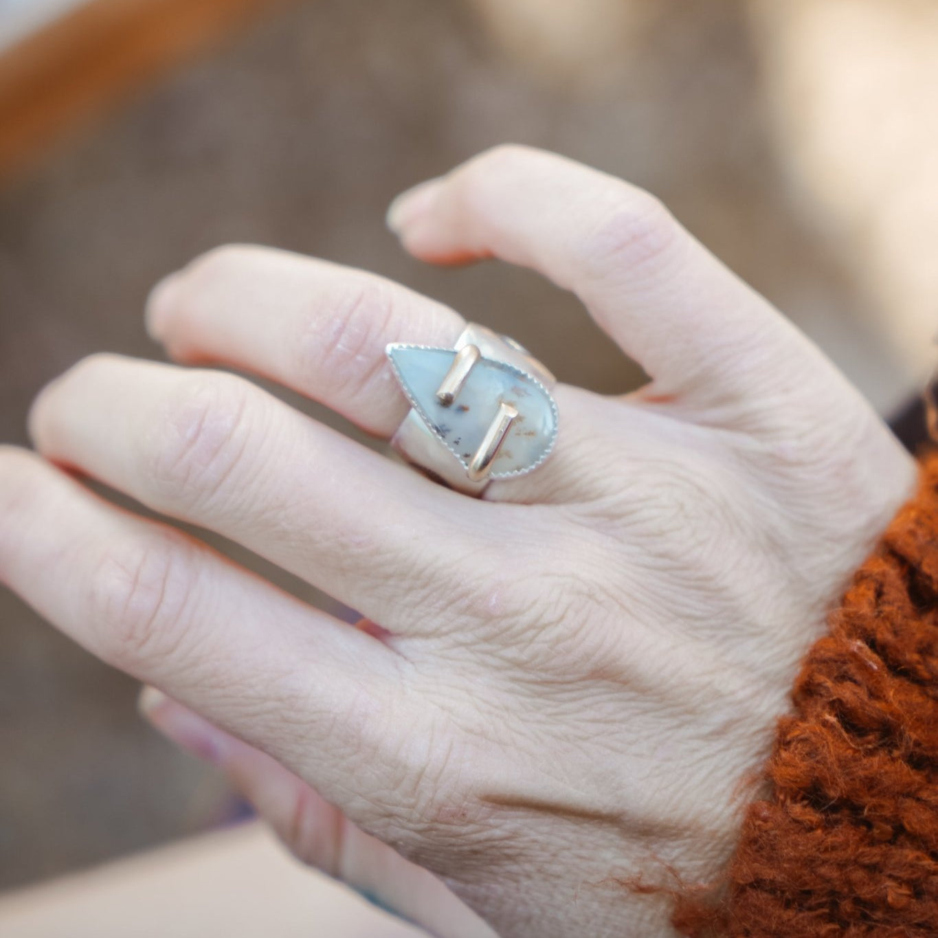 Wide - band Traveler Ring in Scenic Agate with Gold - Fill Prongs (Size 6.25) - Golden Road Crafted