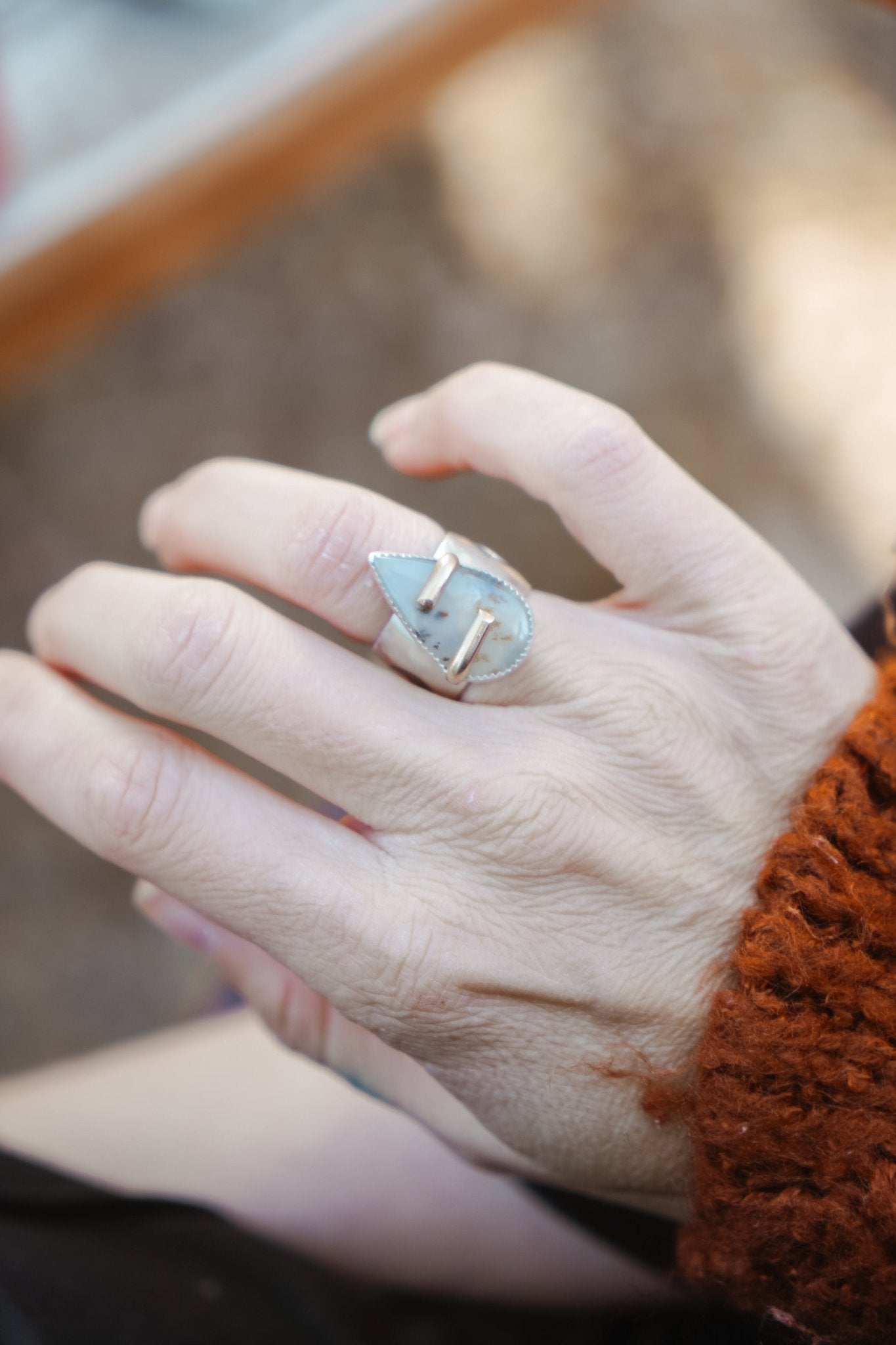 Wide - band Traveler Ring in Scenic Agate with Gold - Fill Prongs (Size 6.25) - Golden Road Crafted