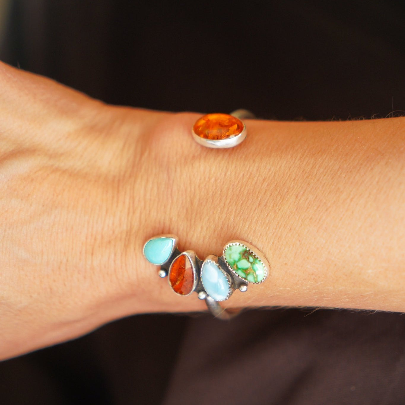 Wildflower Canyon Wrap Cuff in Campitos, Emerald Valley, Kyanite, Larimar, & Amber - Golden Road Crafted