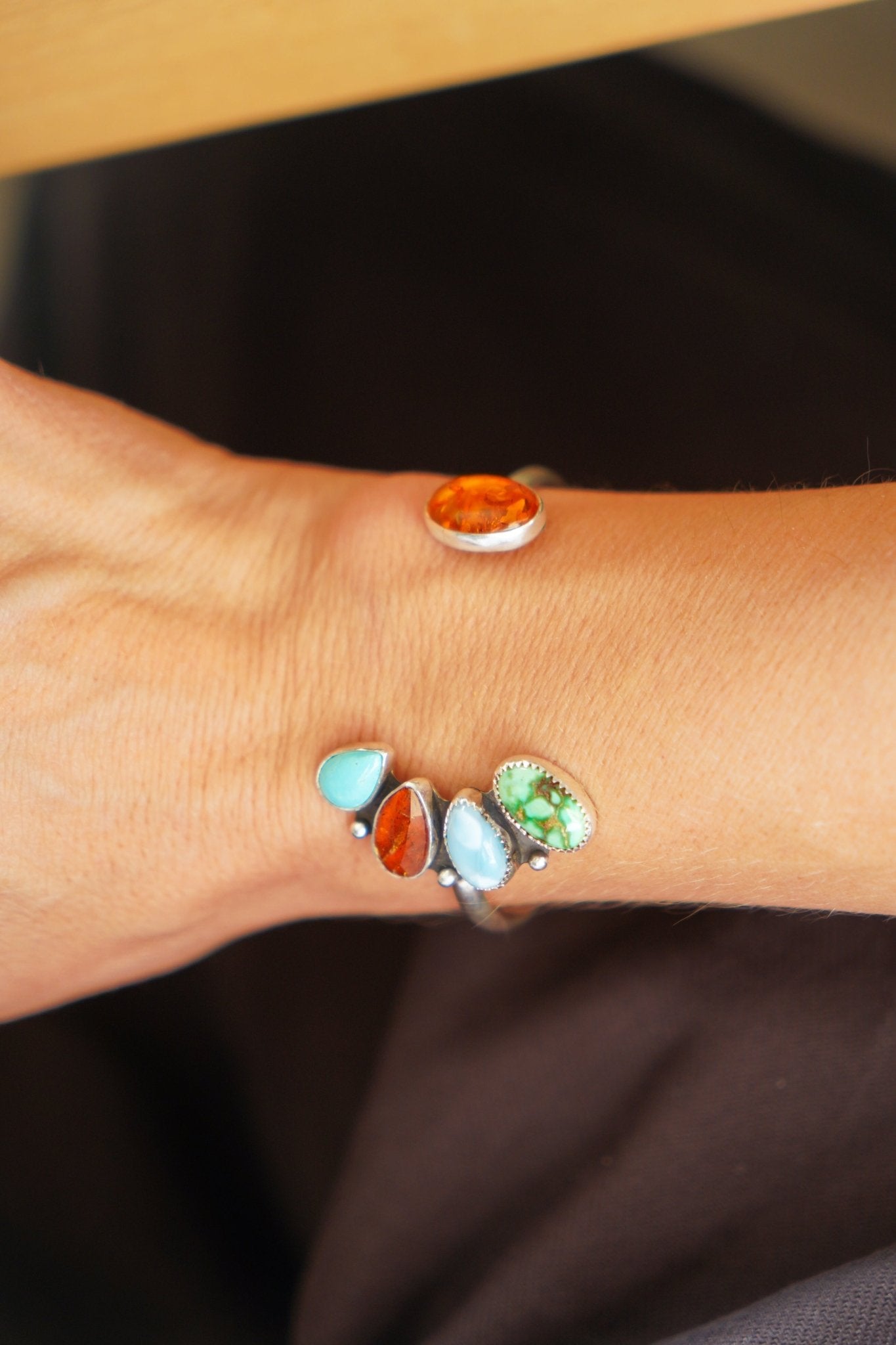 Wildflower Canyon Wrap Cuff in Campitos, Emerald Valley, Kyanite, Larimar, & Amber - Golden Road Crafted