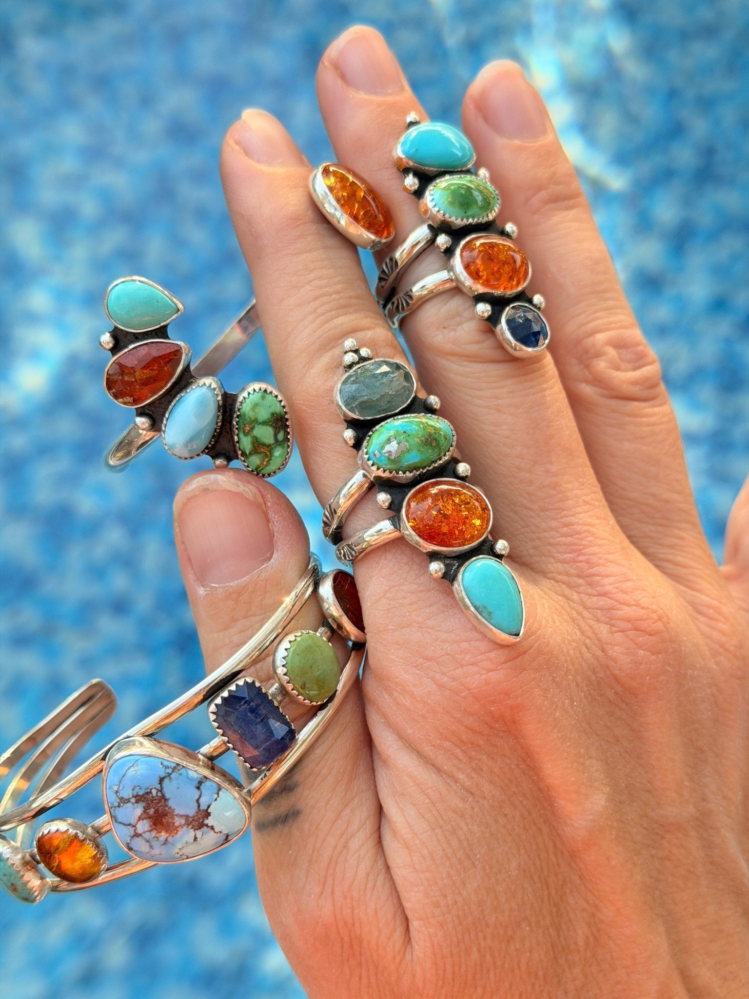Wildflower Canyon Wrap Cuff in Campitos, Emerald Valley, Kyanite, Larimar, & Amber - Golden Road Crafted