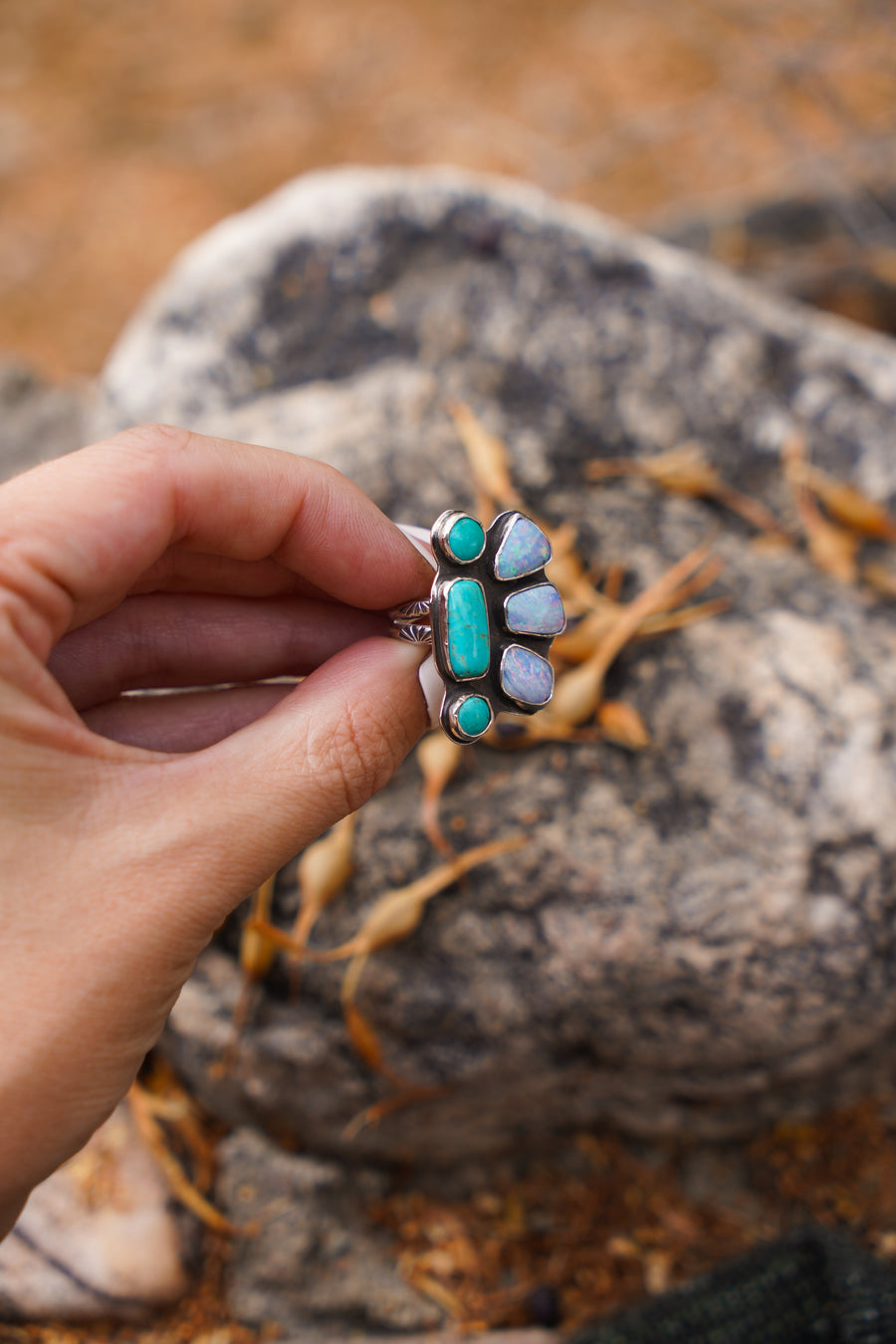 Sun Flair Statement Ring in Coober Pedy Opal, Carico Lake & Yungi Turquoise (Size 6)
