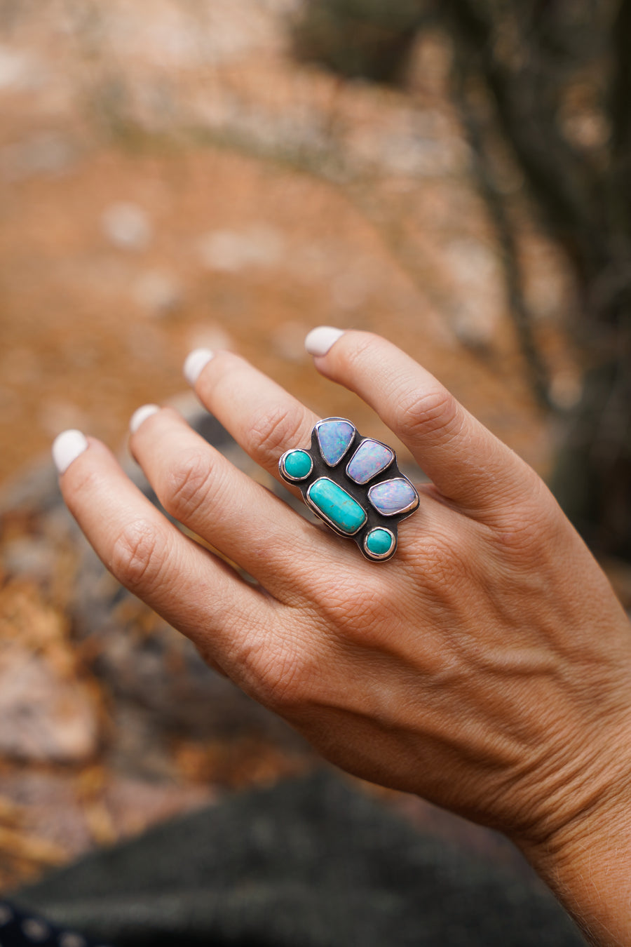 Sun Flair Statement Ring in Coober Pedy Opal, Carico Lake & Yungi Turquoise (Size 6)