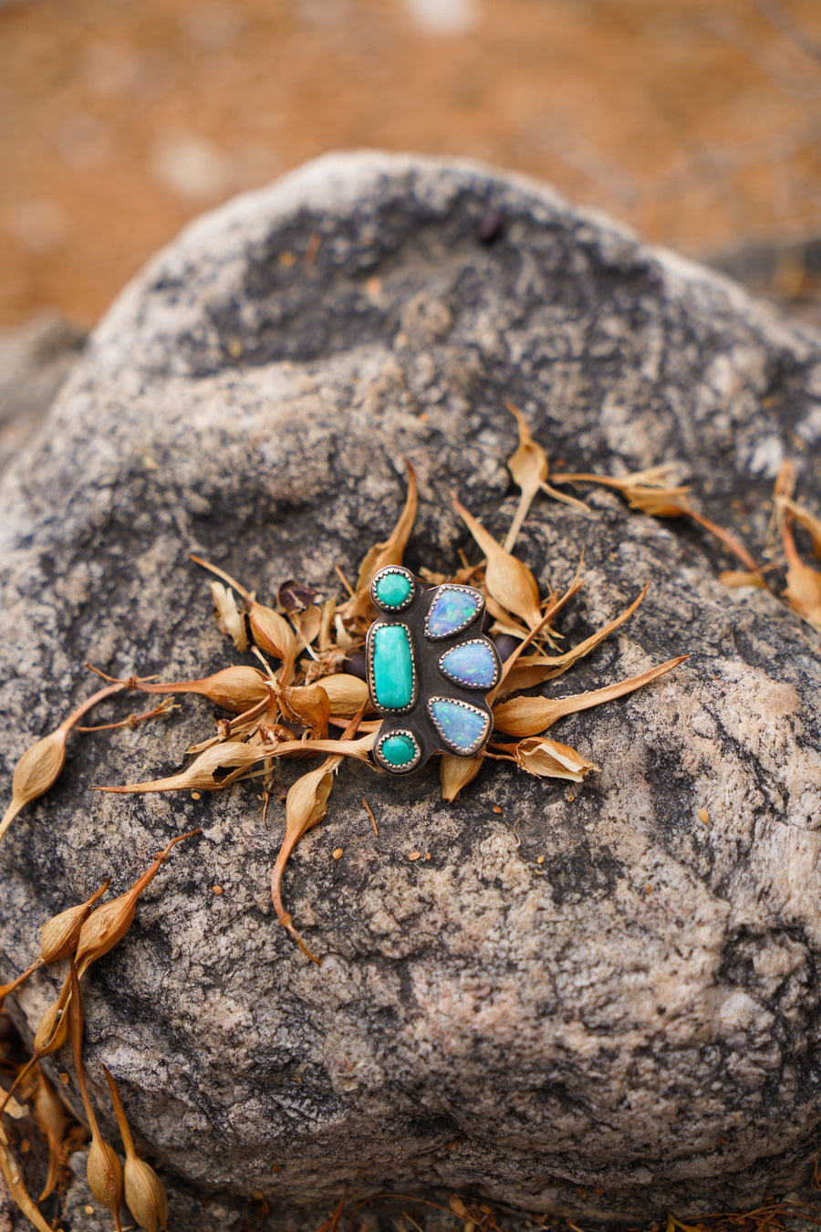 Sun Flair Statement Ring in Coober Pedy Opal, Carico Lake & Yungi Turquoise (Size 7.5)