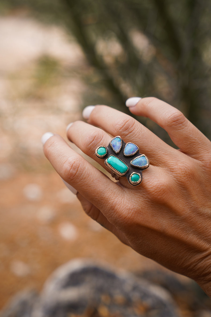 Sun Flair Statement Ring in Coober Pedy Opal, Carico Lake & Yungi Turquoise (Size 7.5)