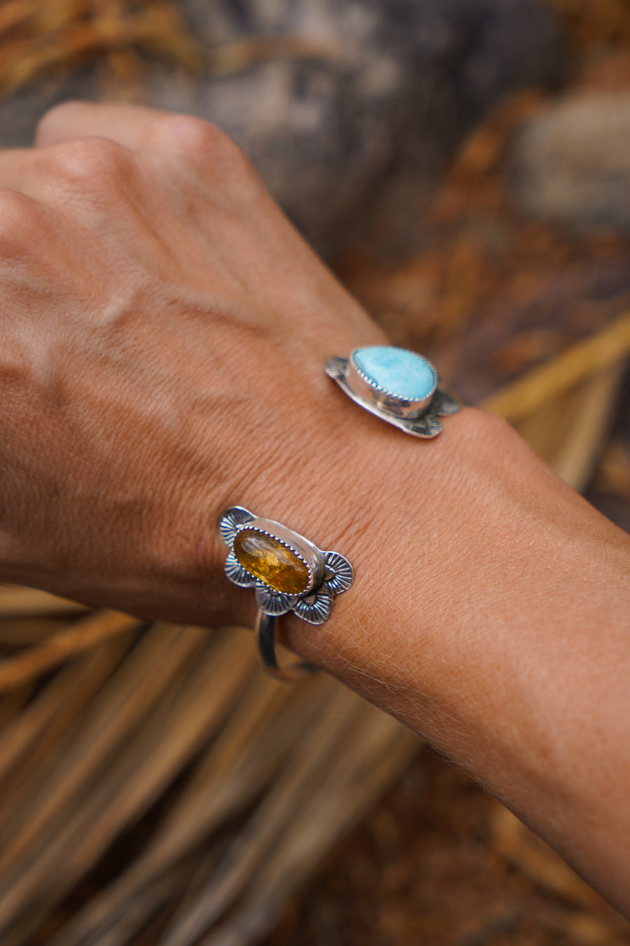 The Canyon Wrap Cuff in Amber and Larimar