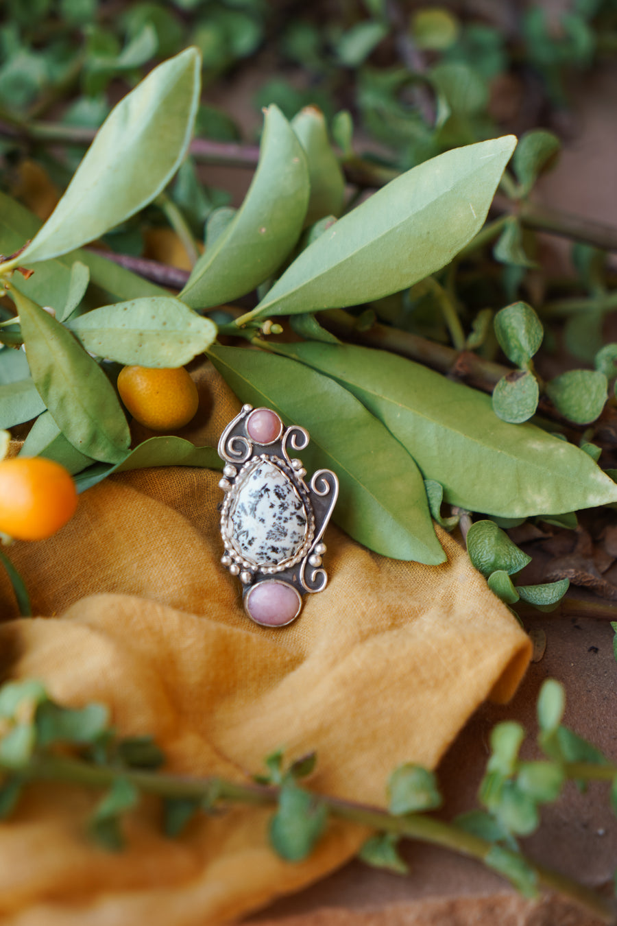 Pink Opal and Dendritic Agate Statement Ring (size 6)