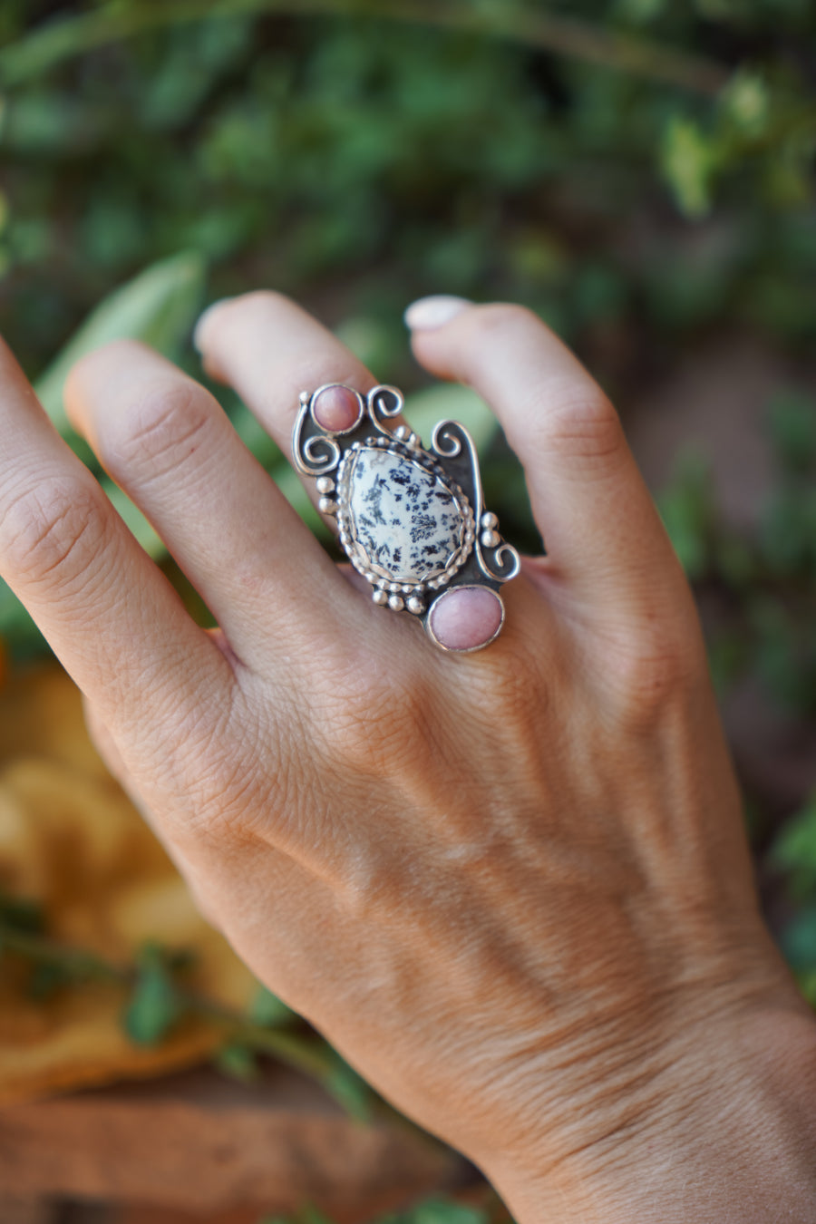 Pink Opal and Dendritic Agate Statement Ring (size 6)