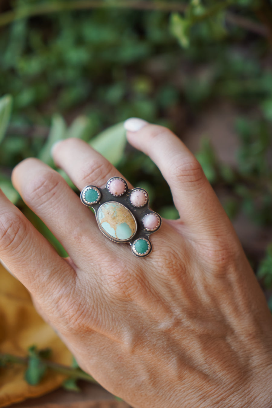 The Radial Ring with Cripple Creek, Pink Opal, and Yungai Turquoise (size 7)