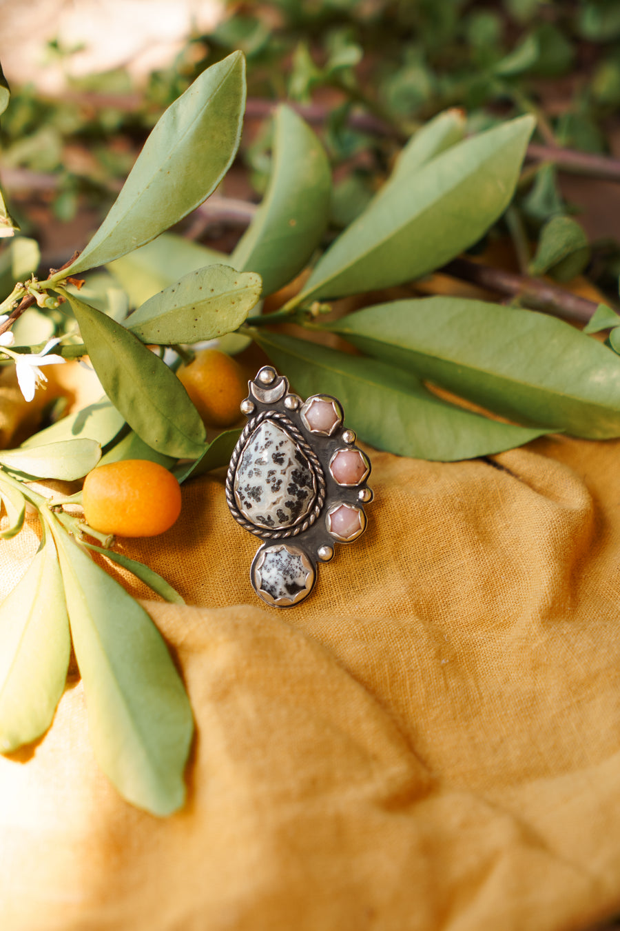 Pink Opal and Dendritic Agate Statement Ring (size 9)