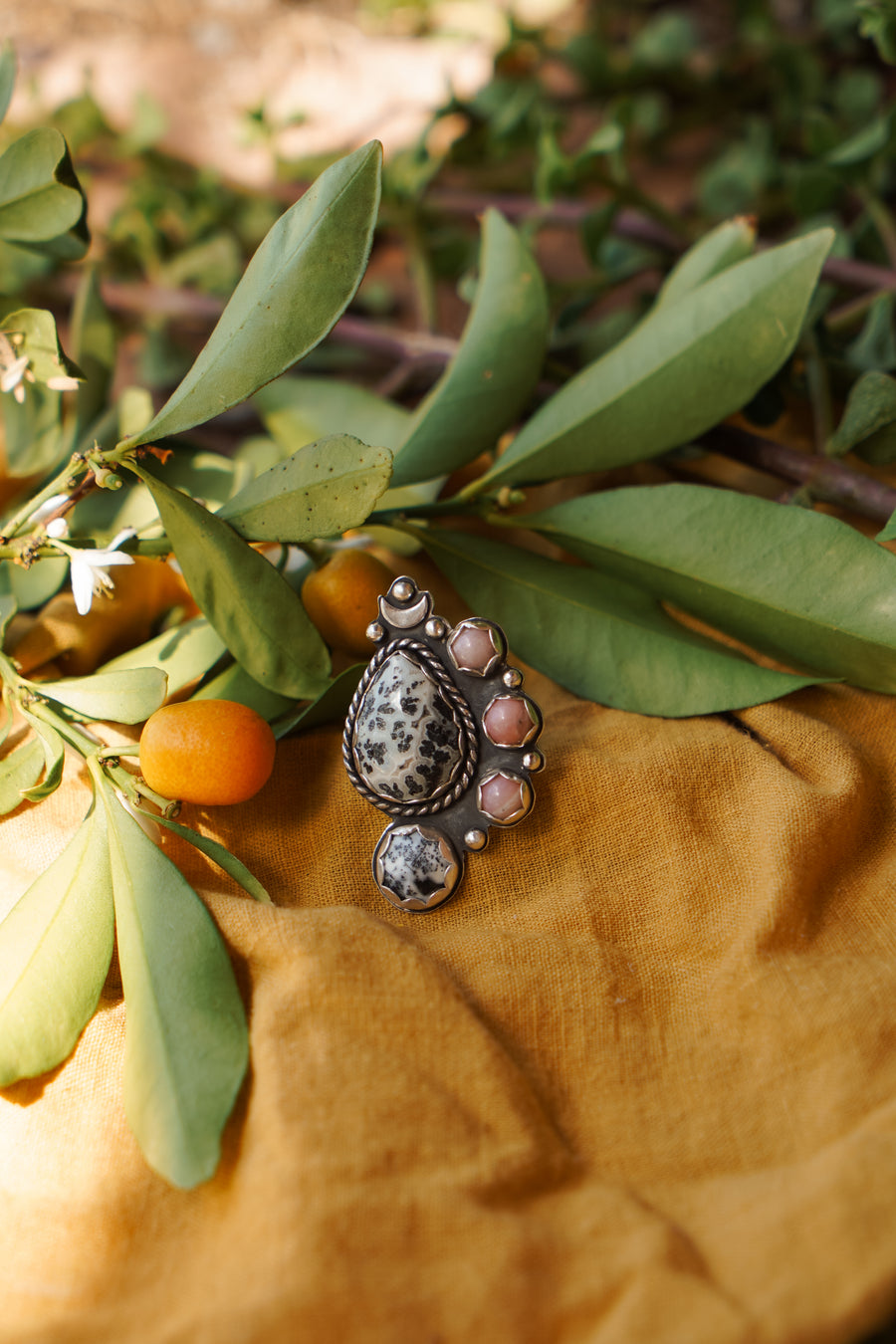 Pink Opal and Dendritic Agate Statement Ring (size 9)