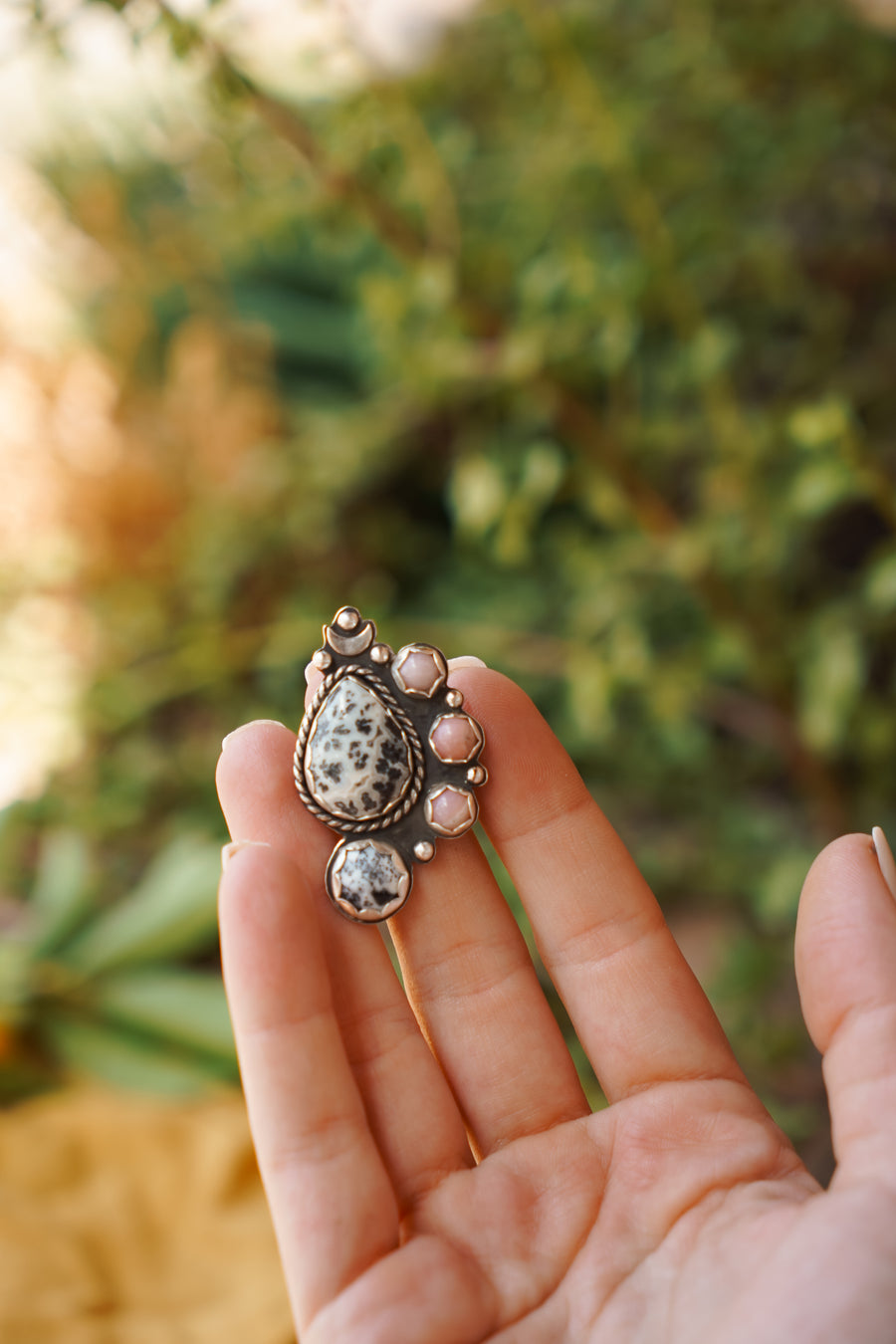 Pink Opal and Dendritic Agate Statement Ring (size 9)