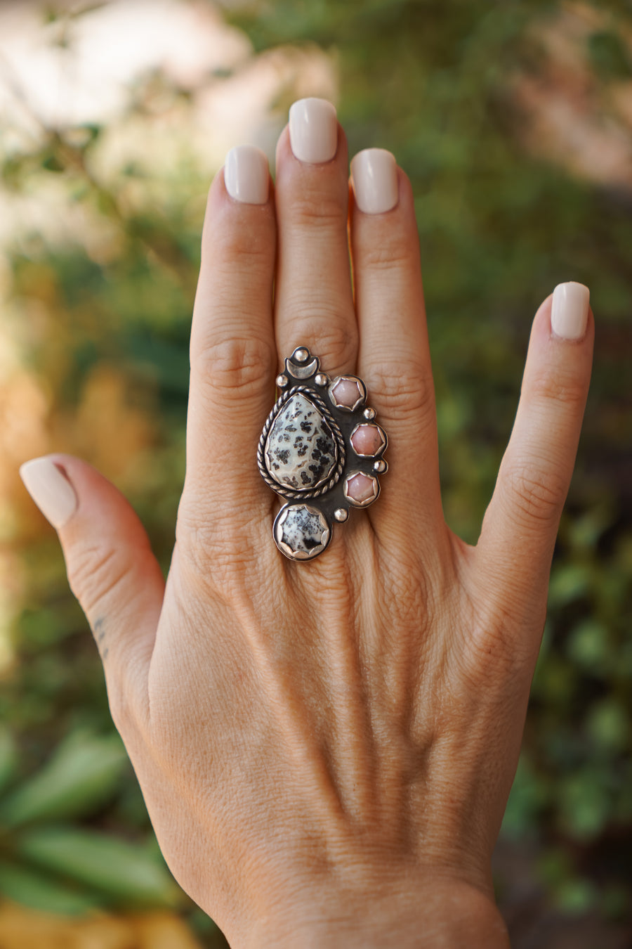 Pink Opal and Dendritic Agate Statement Ring (size 9)