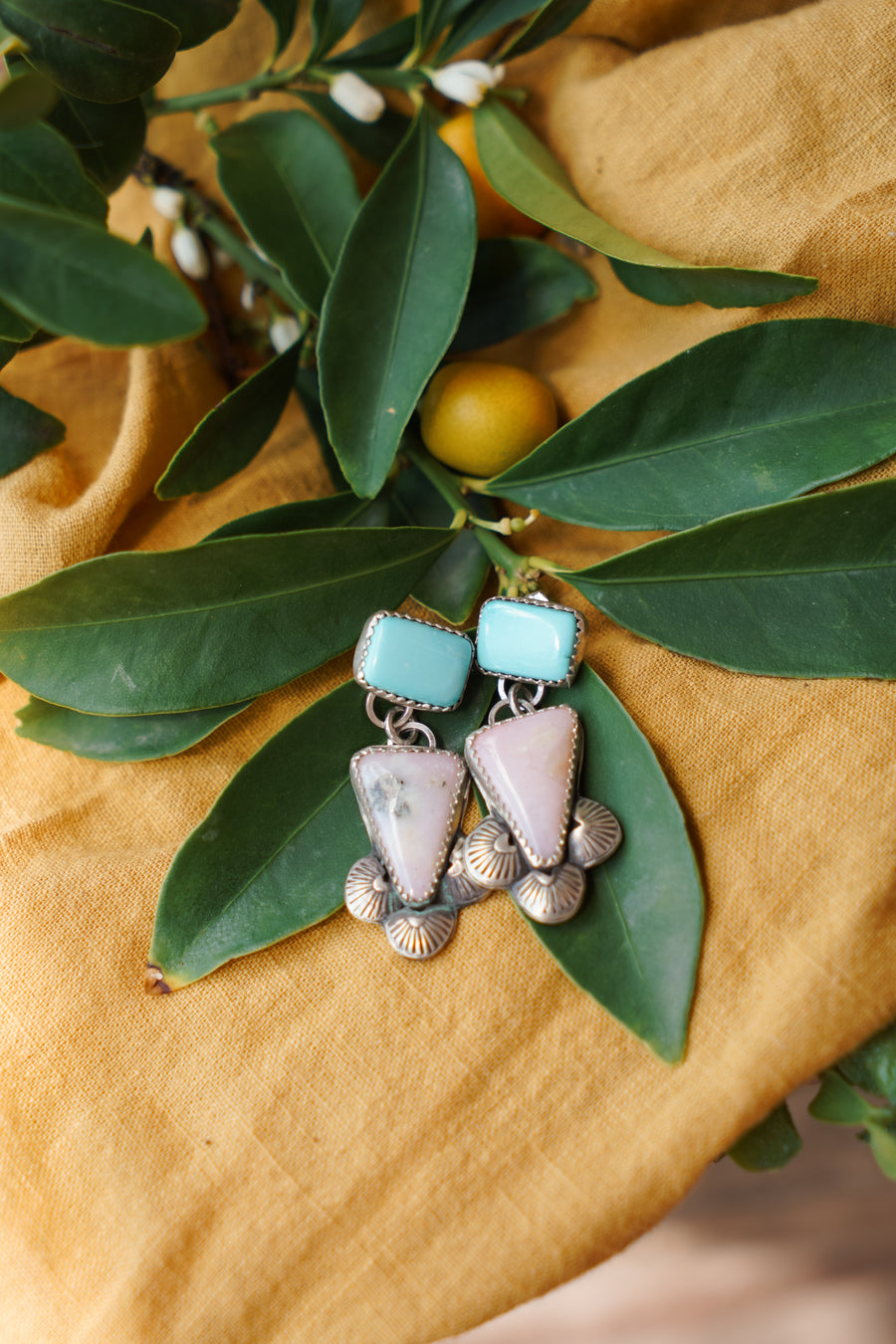 Pink Opal and Carico Lake Turquoise Earrings