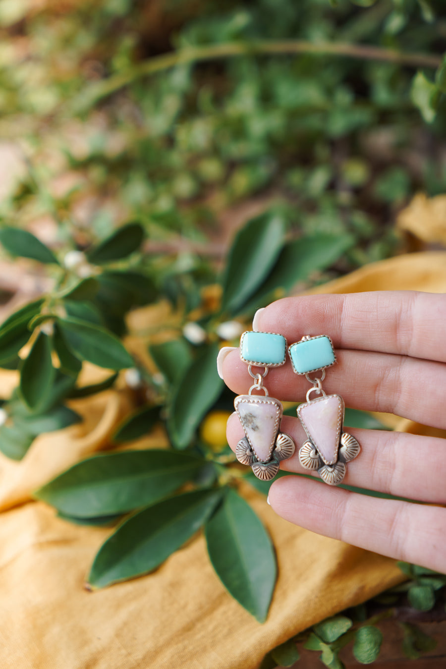 Pink Opal and Carico Lake Turquoise Earrings