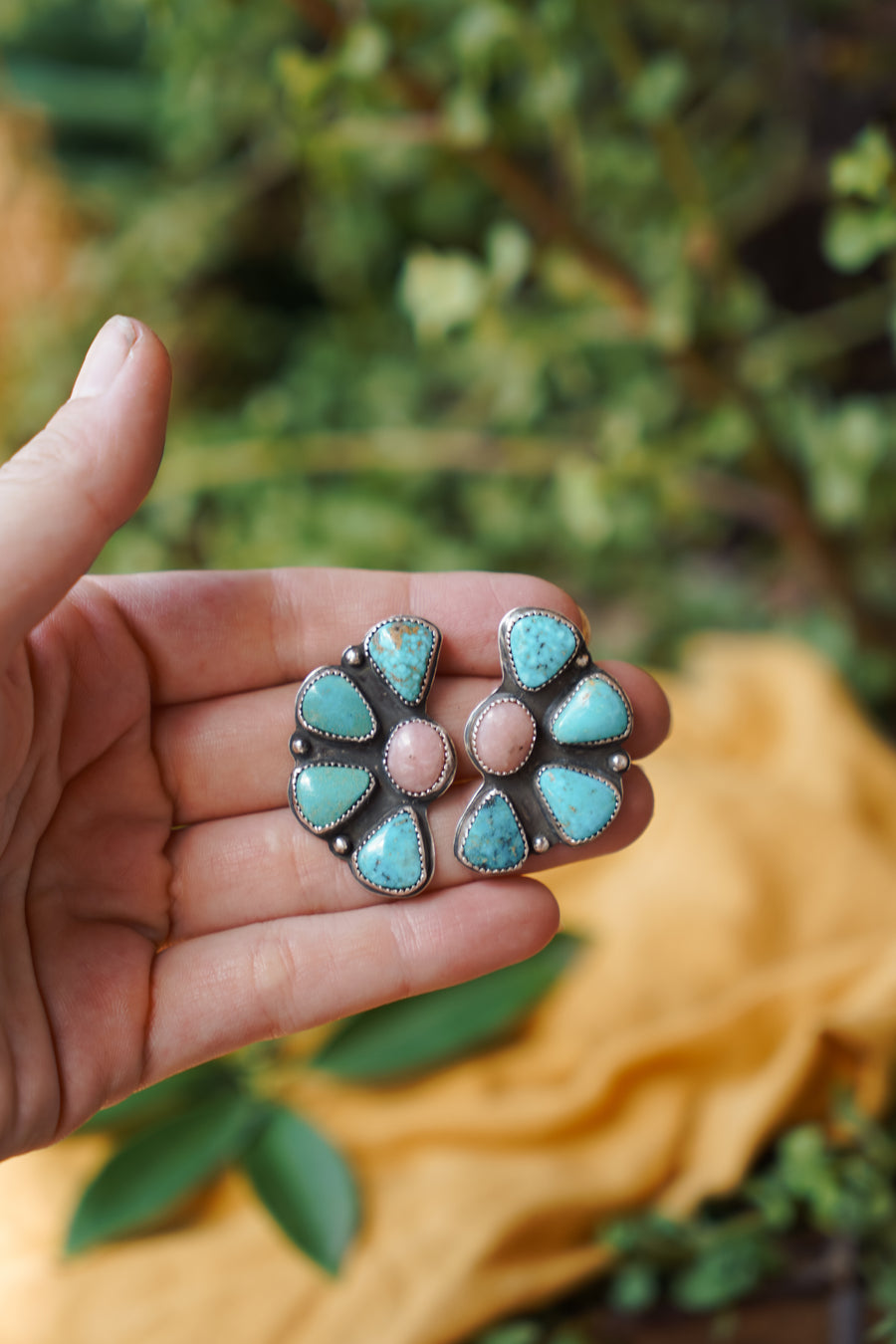 Cluster Studs with Pink Opal and Turquoise Mountain