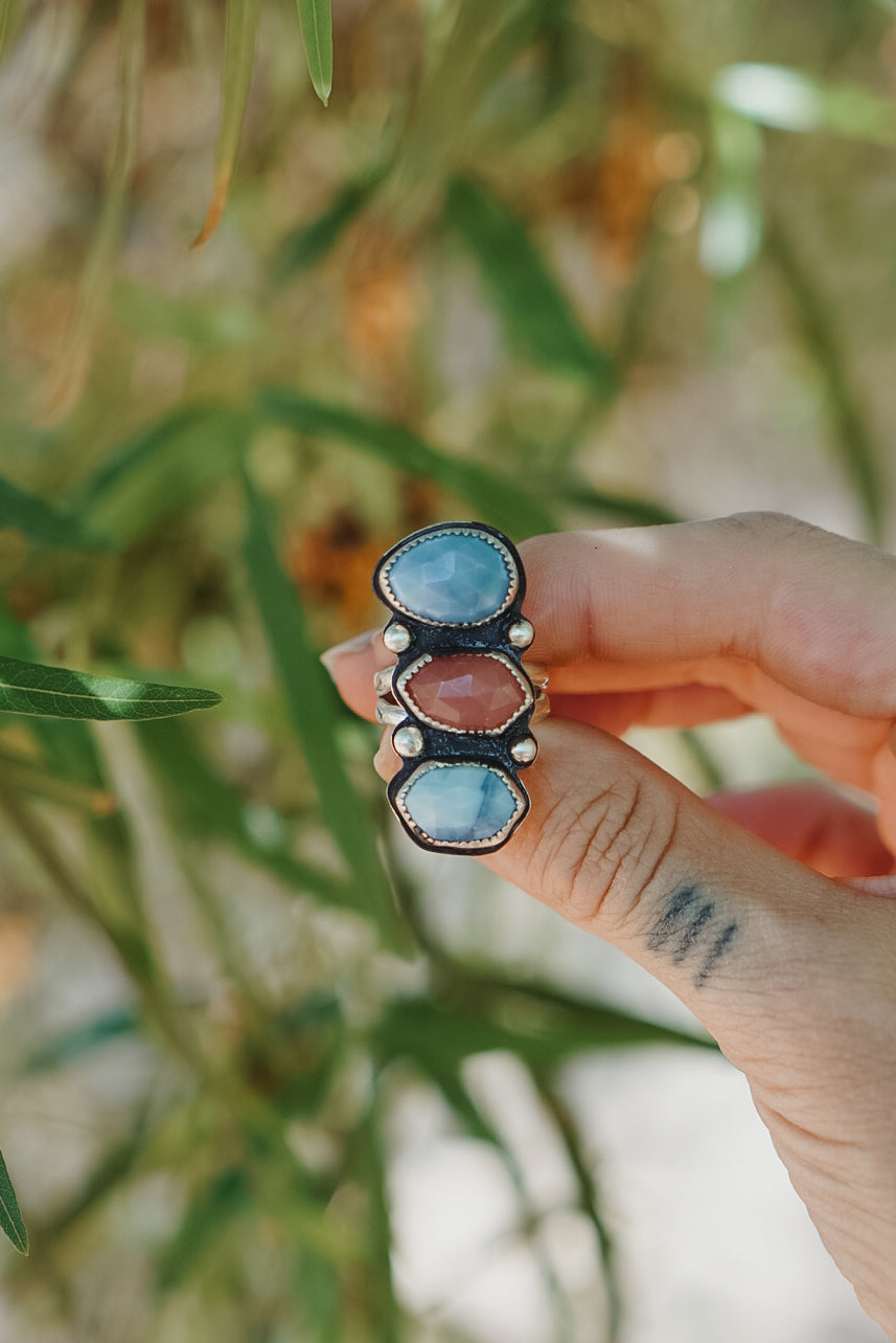 Cairn Ring in Faceted Kyanite and Guava Quartz (Size 8)