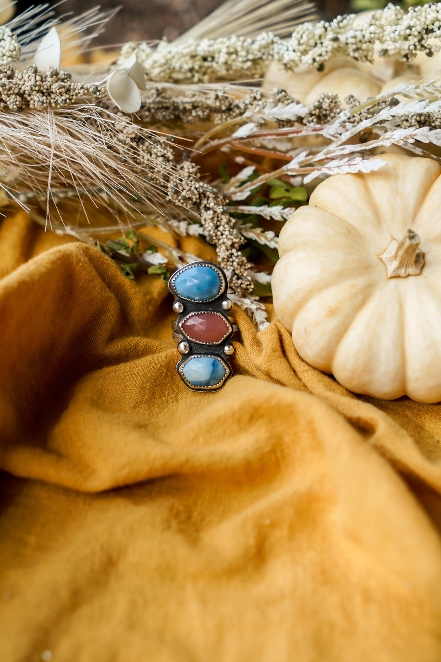 Cairn Ring in Faceted Kyanite and Guava Quartz (Size 8)