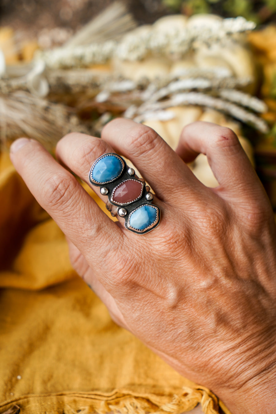 Cairn Ring in Faceted Kyanite and Guava Quartz (Size 8)