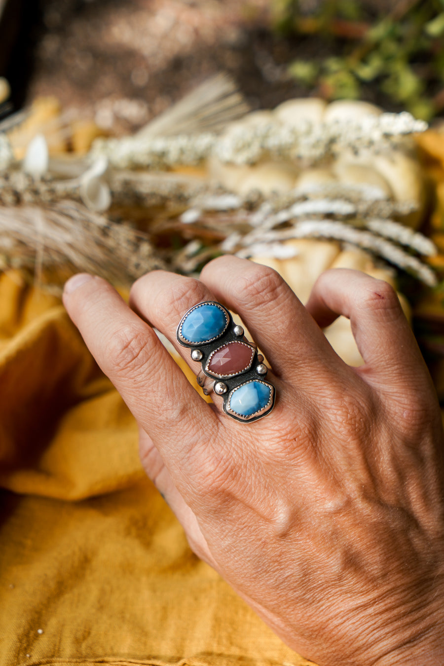 Cairn Ring in Faceted Kyanite and Guava Quartz (Size 8)