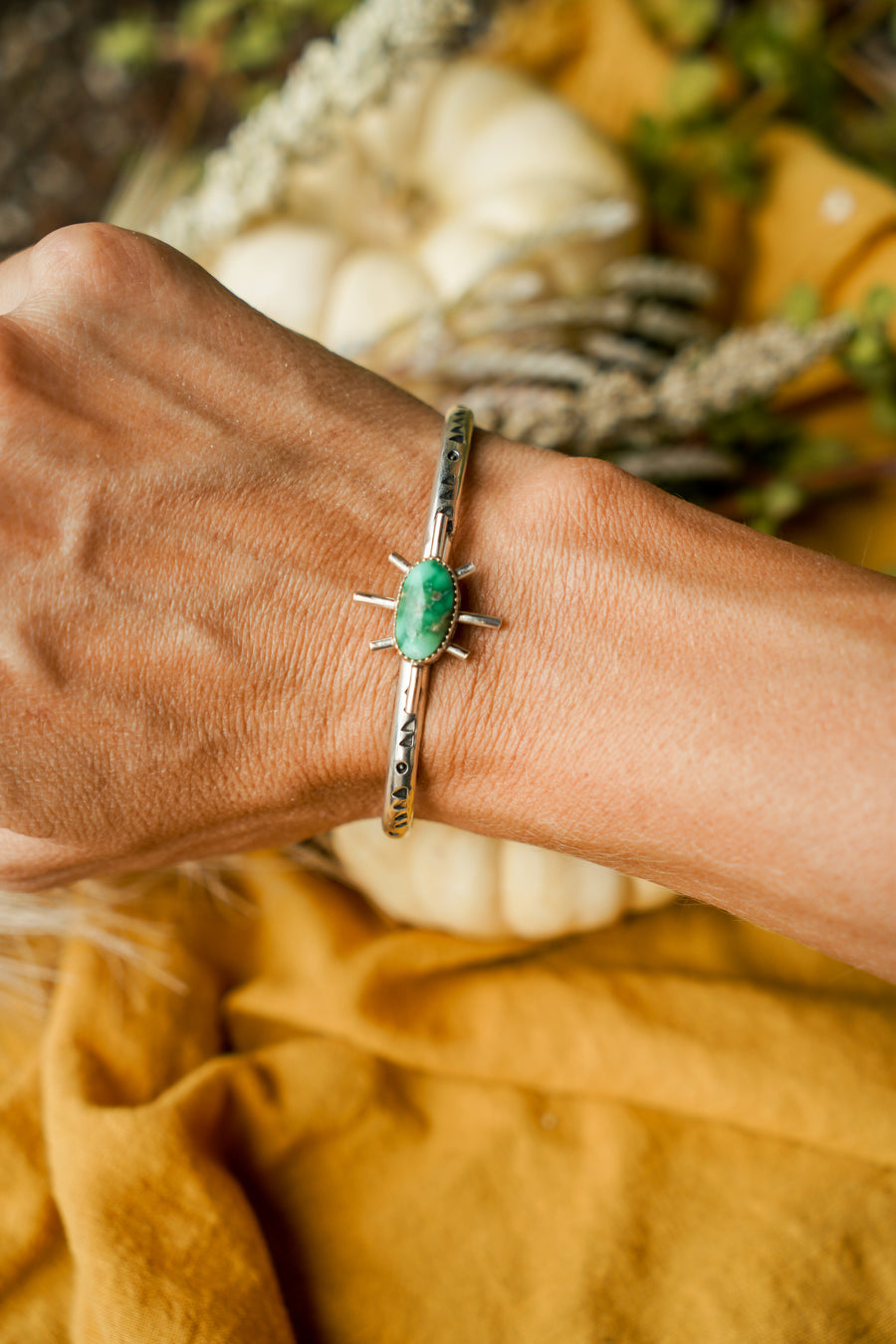 The Sun Ray Stacking Cuff in Sonoran Gold Turquoise