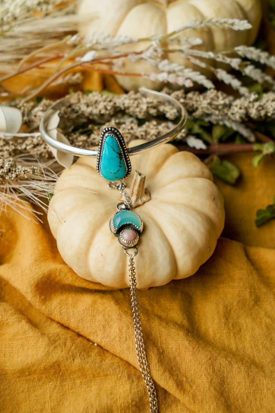 Kavaca Hand Chain in Pink Opal, Sonoran Rose Turquoise, & Quartz