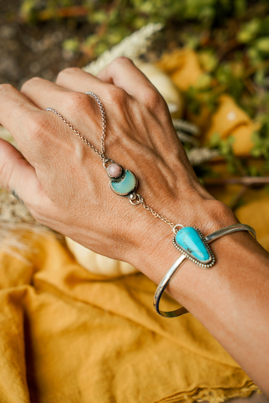 Kavaca Hand Chain in Pink Opal, Sonoran Rose Turquoise, & Quartz