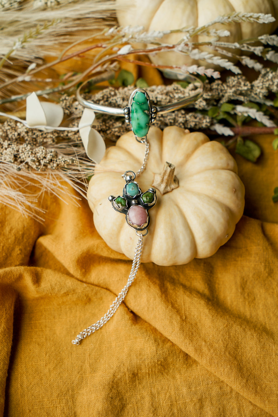 Kavaca Hand Chain in Pink Opal, Sonoran Gold, & Golden Hills Turquoise