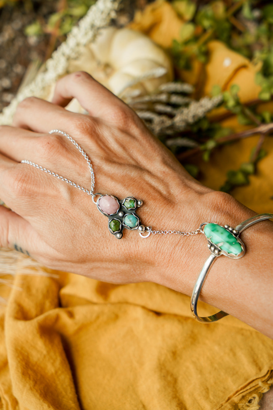 Kavaca Hand Chain in Pink Opal, Sonoran Gold, & Golden Hills Turquoise